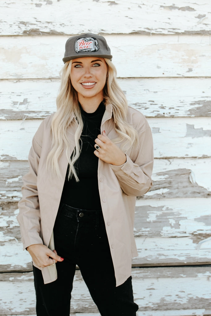Tear Resistant Weave Fallon Faux Leather Shacket - Taupe