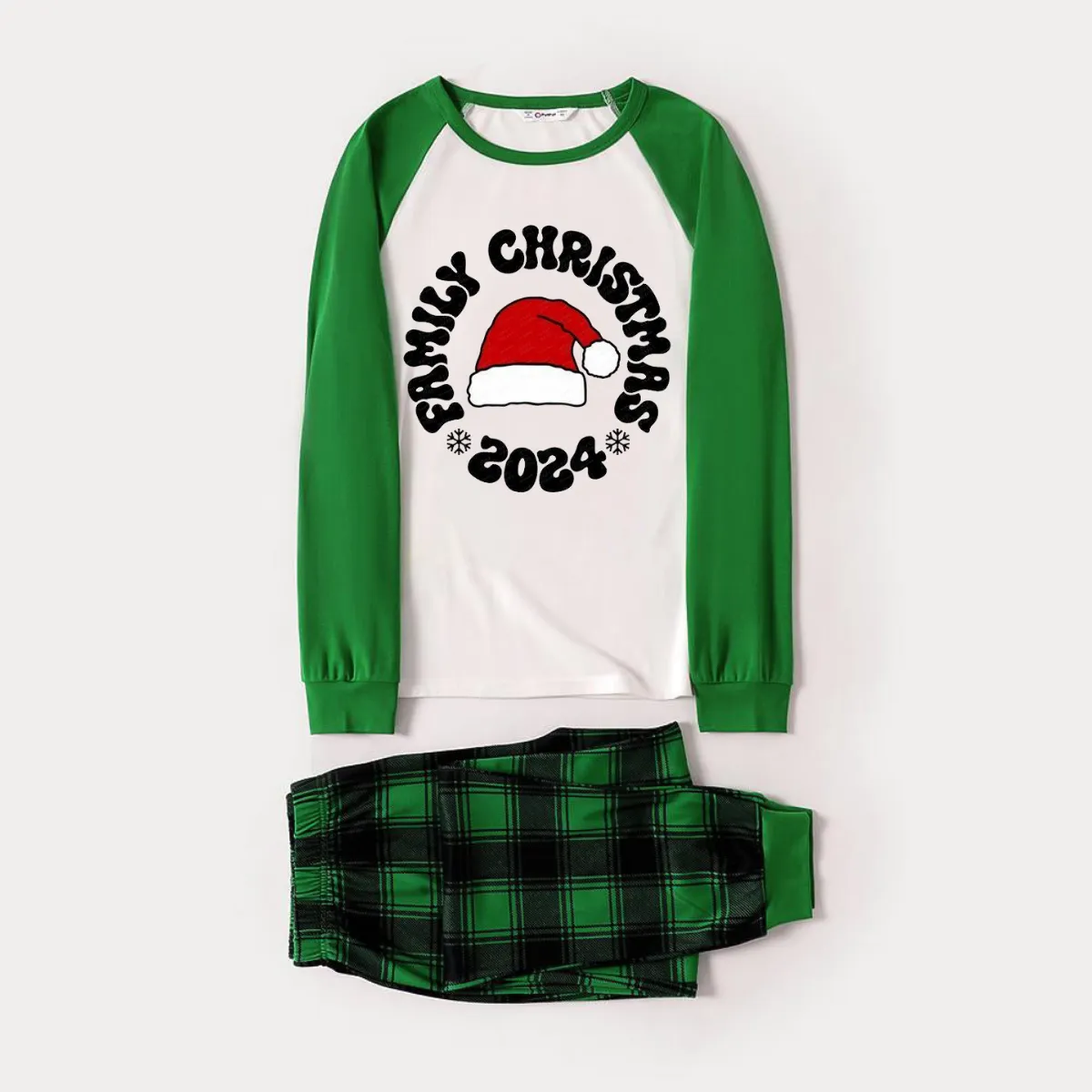 Family Christmas 2024 Text and Santa Hat Print Long Sleeve Top With Green & Black Plaid Christmas Matching Pajamas
