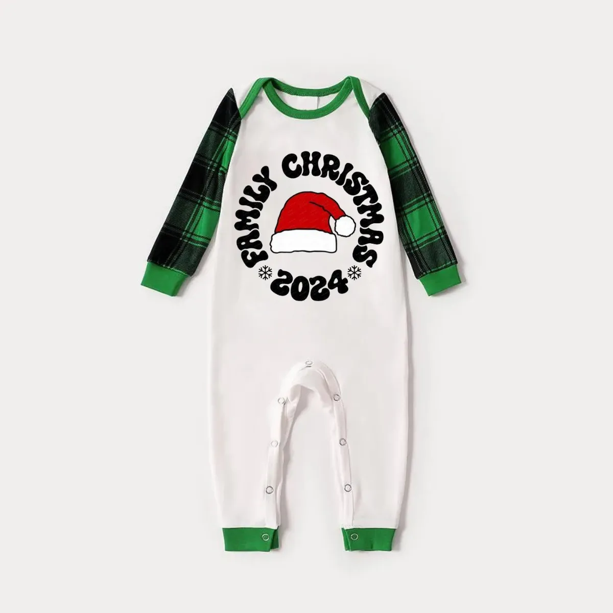 Family Christmas 2024 Text and Santa Hat Print Long Sleeve Top With Green & Black Plaid Christmas Matching Pajamas