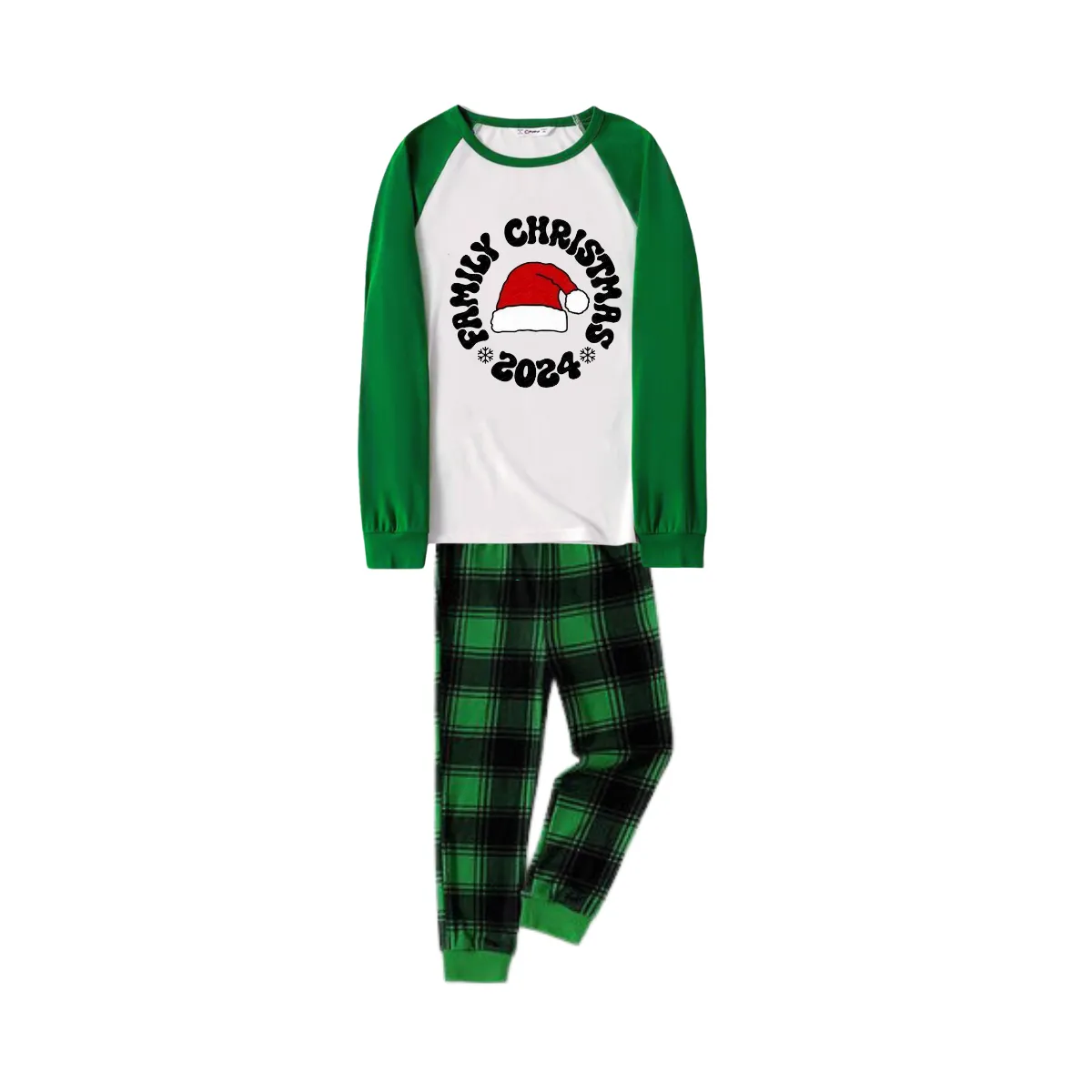 Family Christmas 2024 Text and Santa Hat Print Long Sleeve Top With Green & Black Plaid Christmas Matching Pajamas