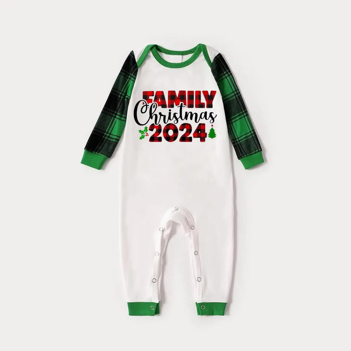 Family Christmas 2024 Text Print Long Sleeve Top With Green & Black Plaid Christmas Matching Pajamas