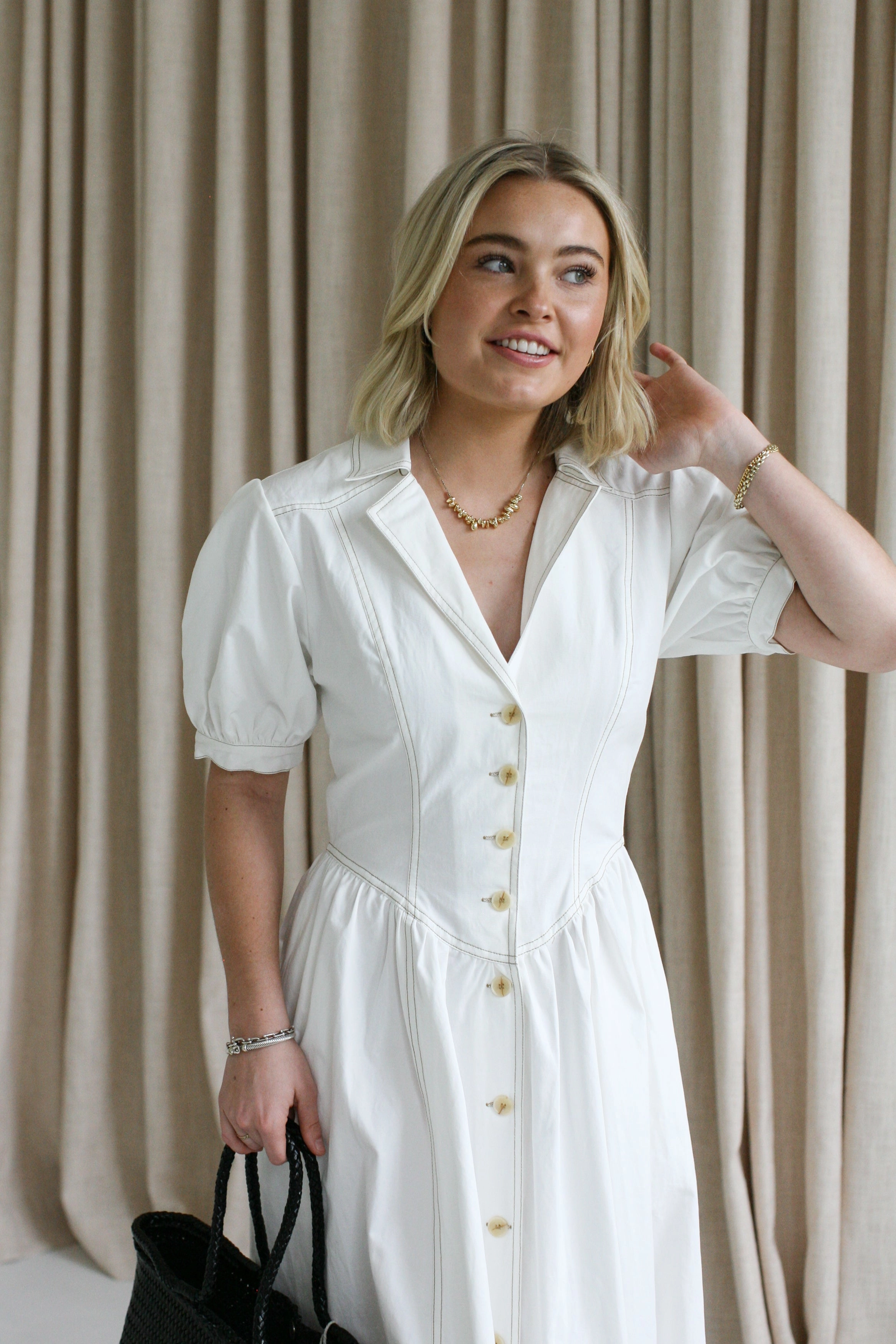 Piper Puff Sleeve Dress button detail Refined Line