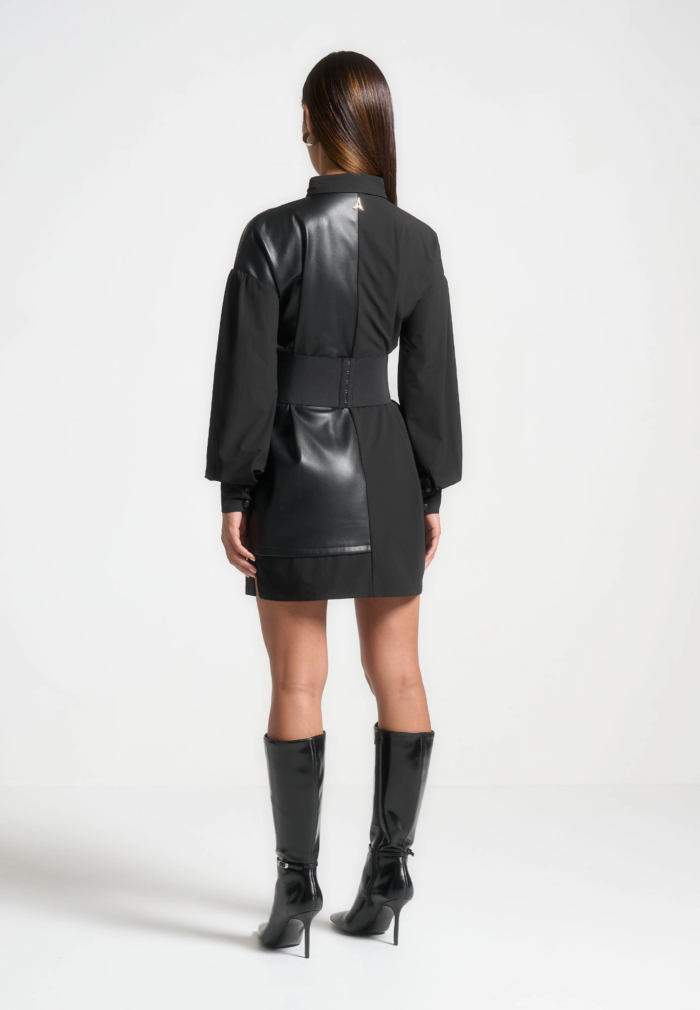 Simple Touch Half Leather Shirt Dress - Black