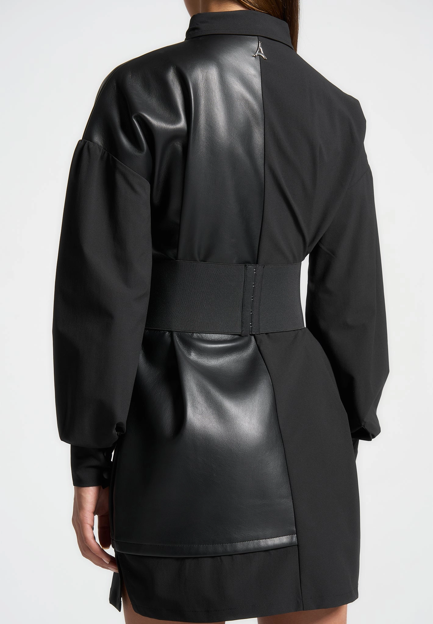 Modern Waistband Half Leather Shirt Dress - Black