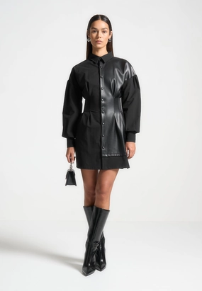 Crisp Detail Modern Staple Half Leather Shirt Dress - Black