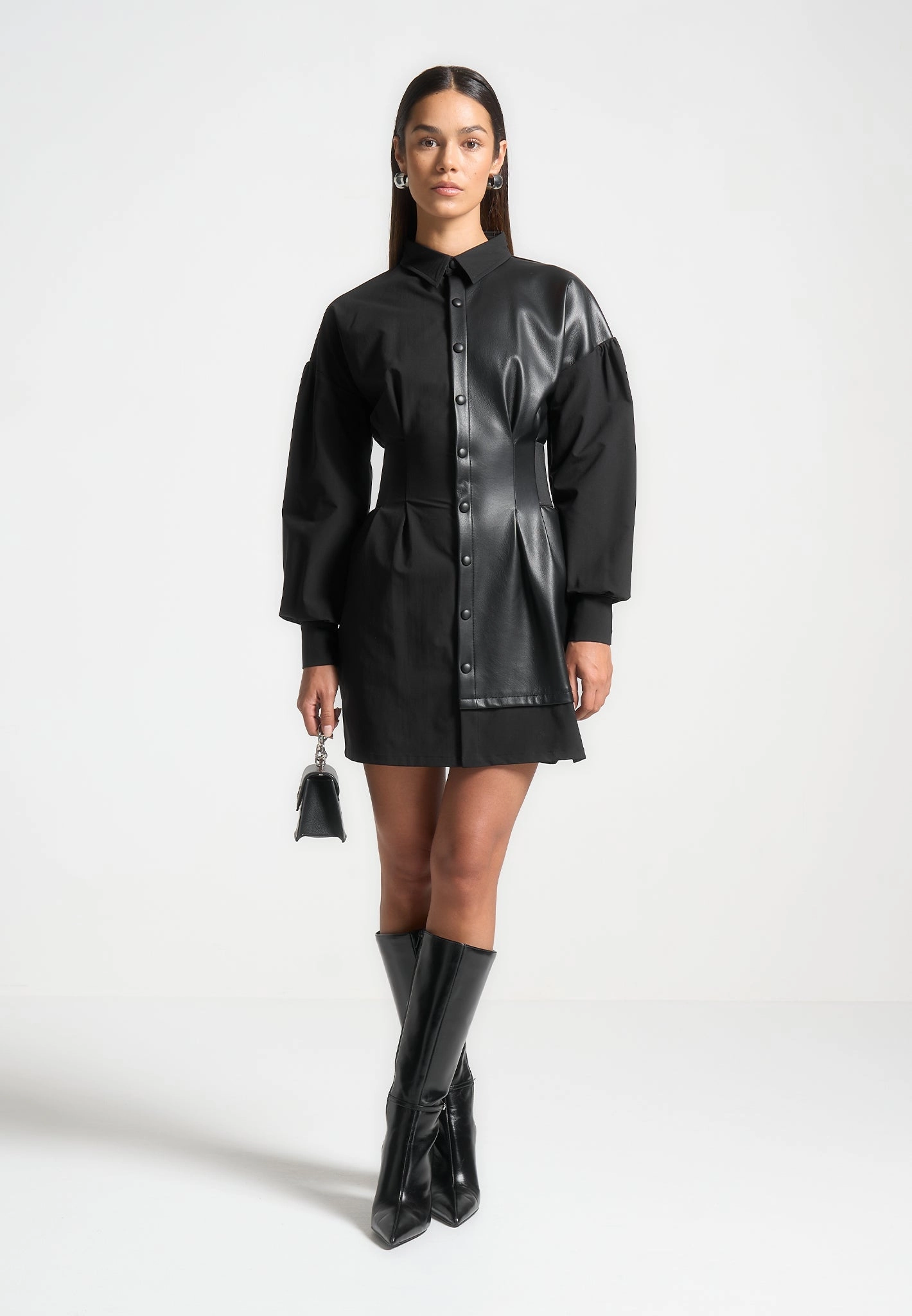Crisp Detail Modern Staple Half Leather Shirt Dress - Black