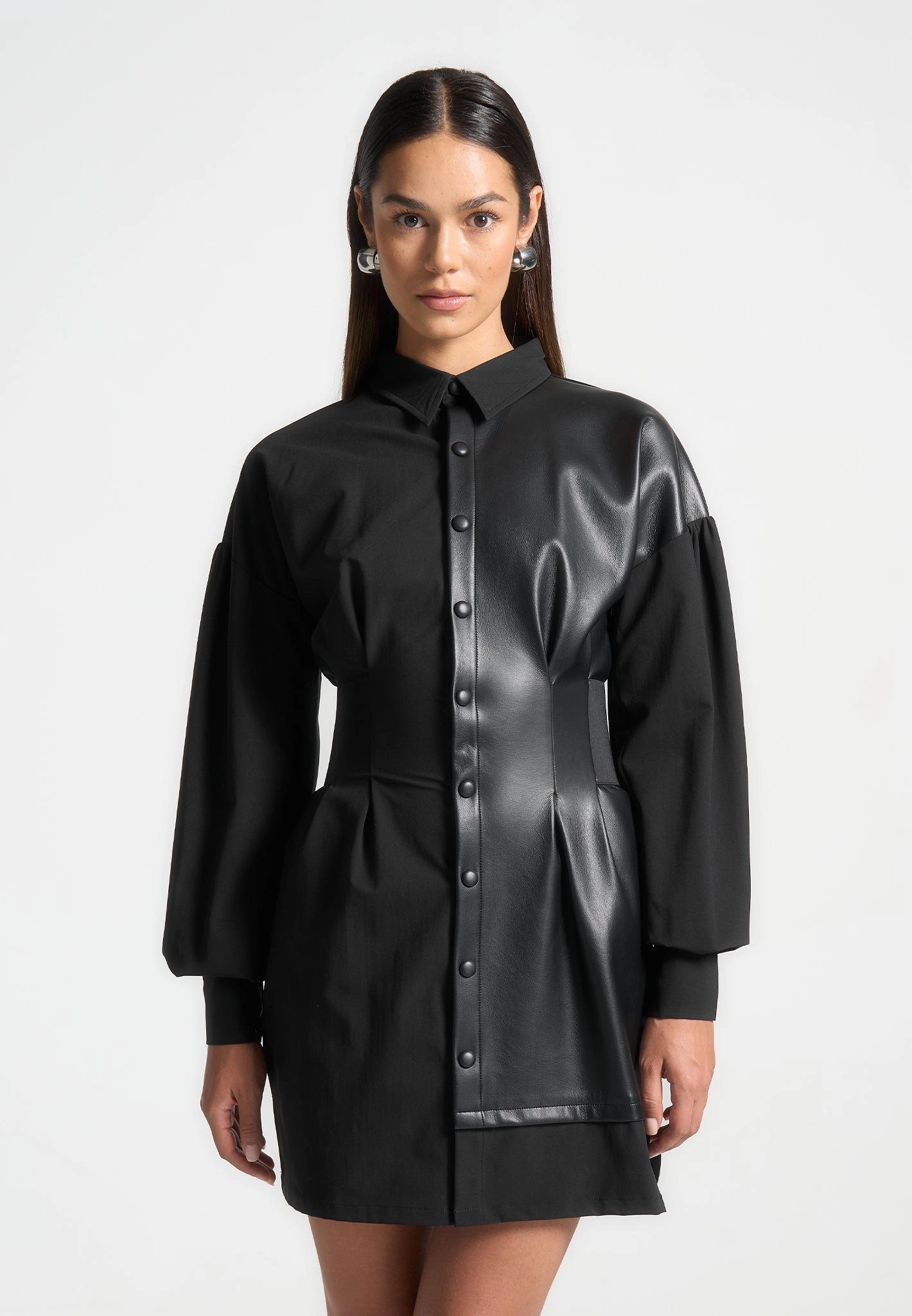 Smooth-Finish Half Leather Shirt Dress - Black
