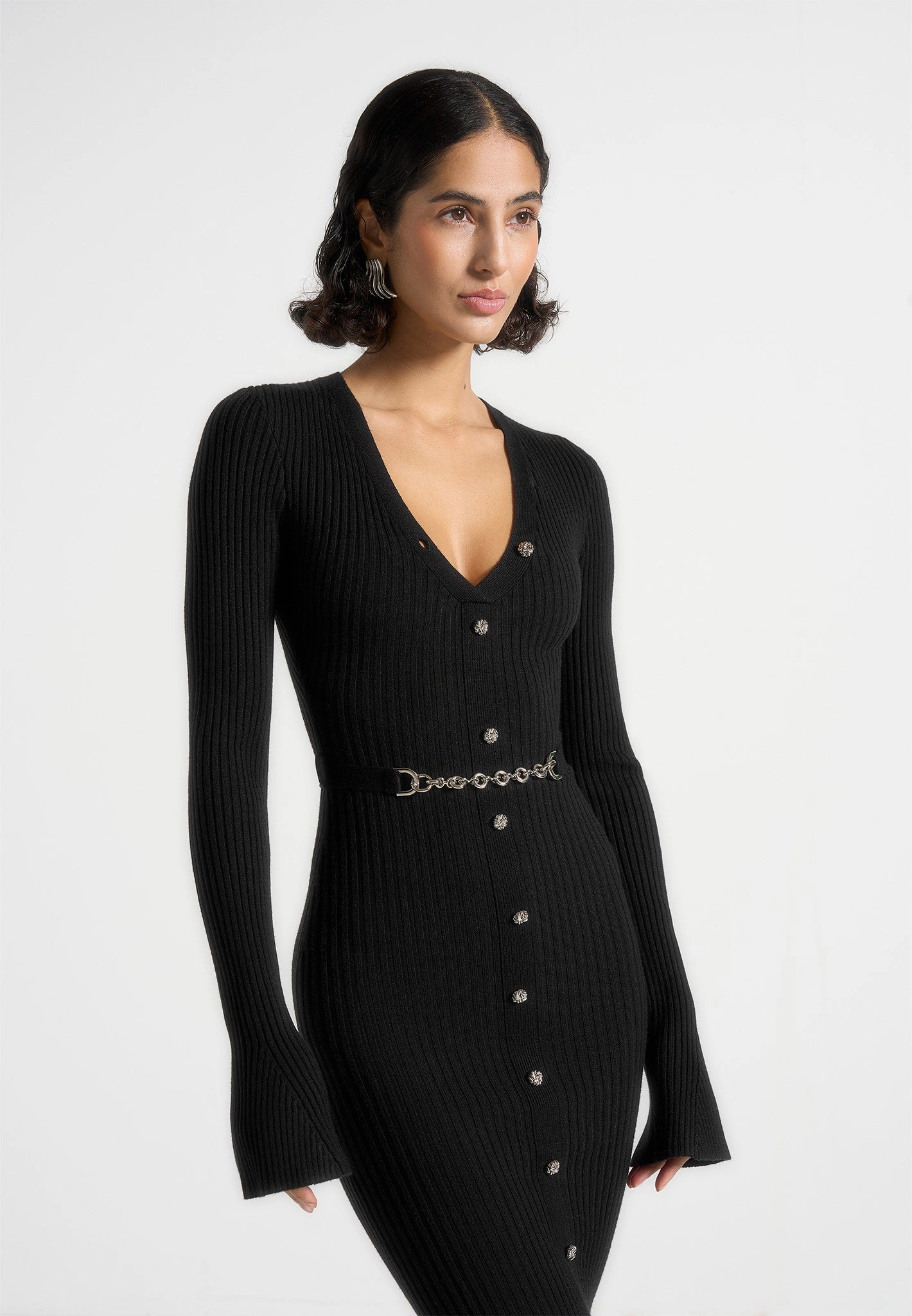 Fit Choice Sleek Design Assia - Long Sleeve Knitted Midaxi Dress With Belt - Black