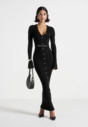 Assia - Long Sleeve Knitted Midaxi Dress With Belt - Black Work Friendly
