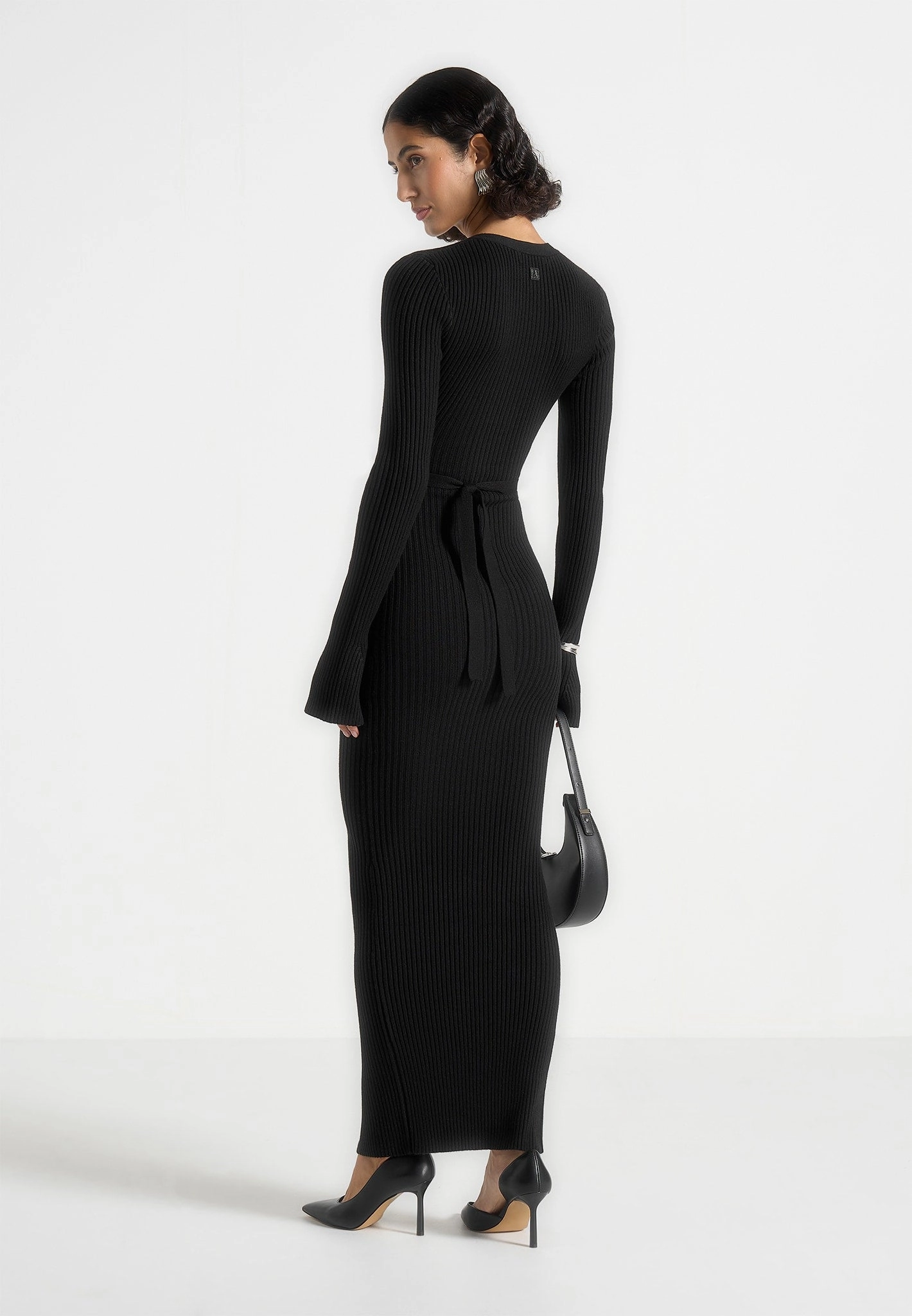 Sleek Flex Vintage Style Assia - Long Sleeve Knitted Midaxi Dress With Belt - Black