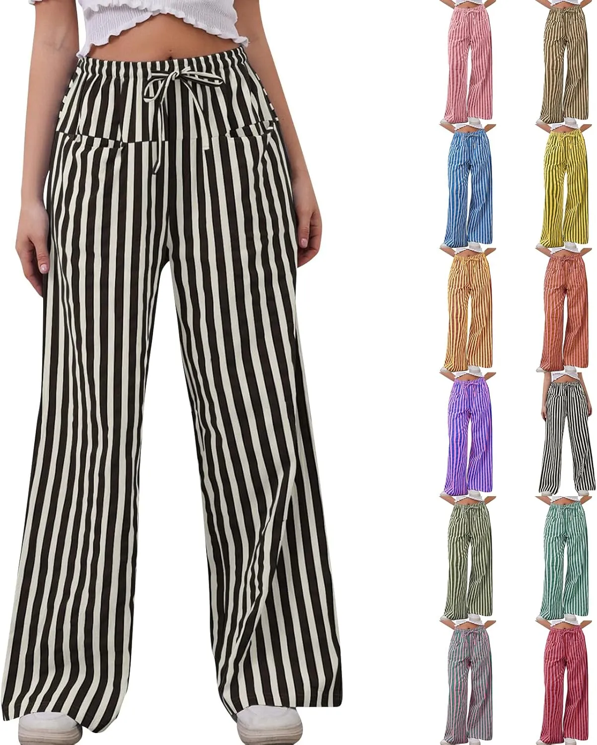 fanmpghleoo Drawstring Striped Pants Women Low Rise Wide Leg Pants Comfy Lounge Pants with Pockets Straight Leg Trousers
