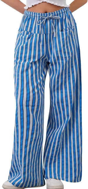 fanmpghleoo Drawstring Striped Pants Women Low Rise Wide Leg Pants Comfy Lounge Pants with Pockets Straight Leg Trousers