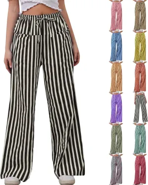 fanmpghleoo Drawstring Striped Pants Women Low Rise Wide Leg Pants Comfy Lounge Pants with Pockets Straight Leg Trousers