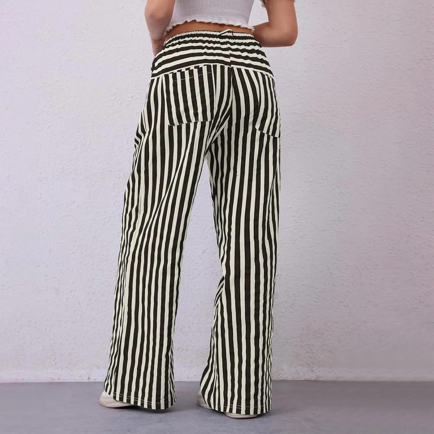 fanmpghleoo Drawstring Striped Pants Women Low Rise Wide Leg Pants Comfy Lounge Pants with Pockets Straight Leg Trousers