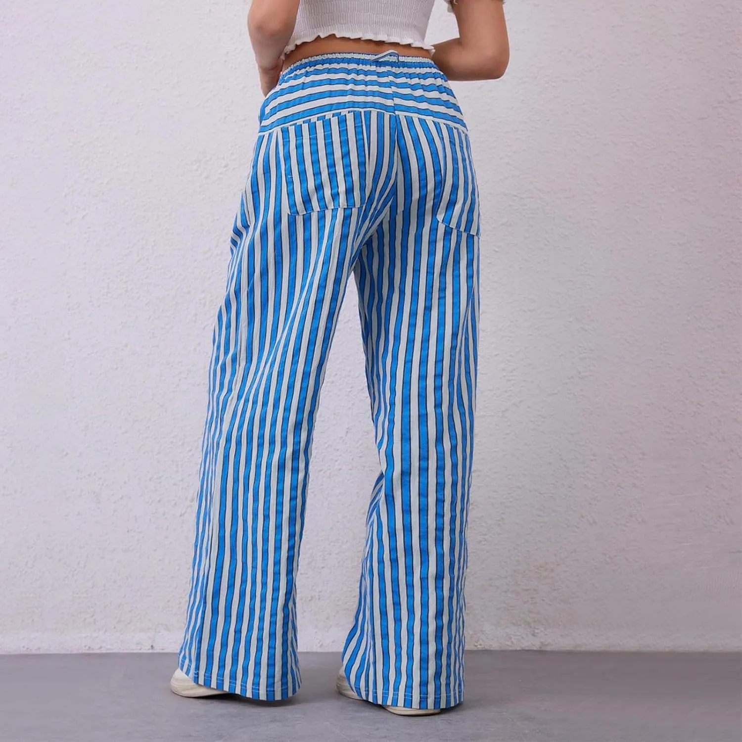 fanmpghleoo Drawstring Striped Pants Women Low Rise Wide Leg Pants Comfy Lounge Pants with Pockets Straight Leg Trousers