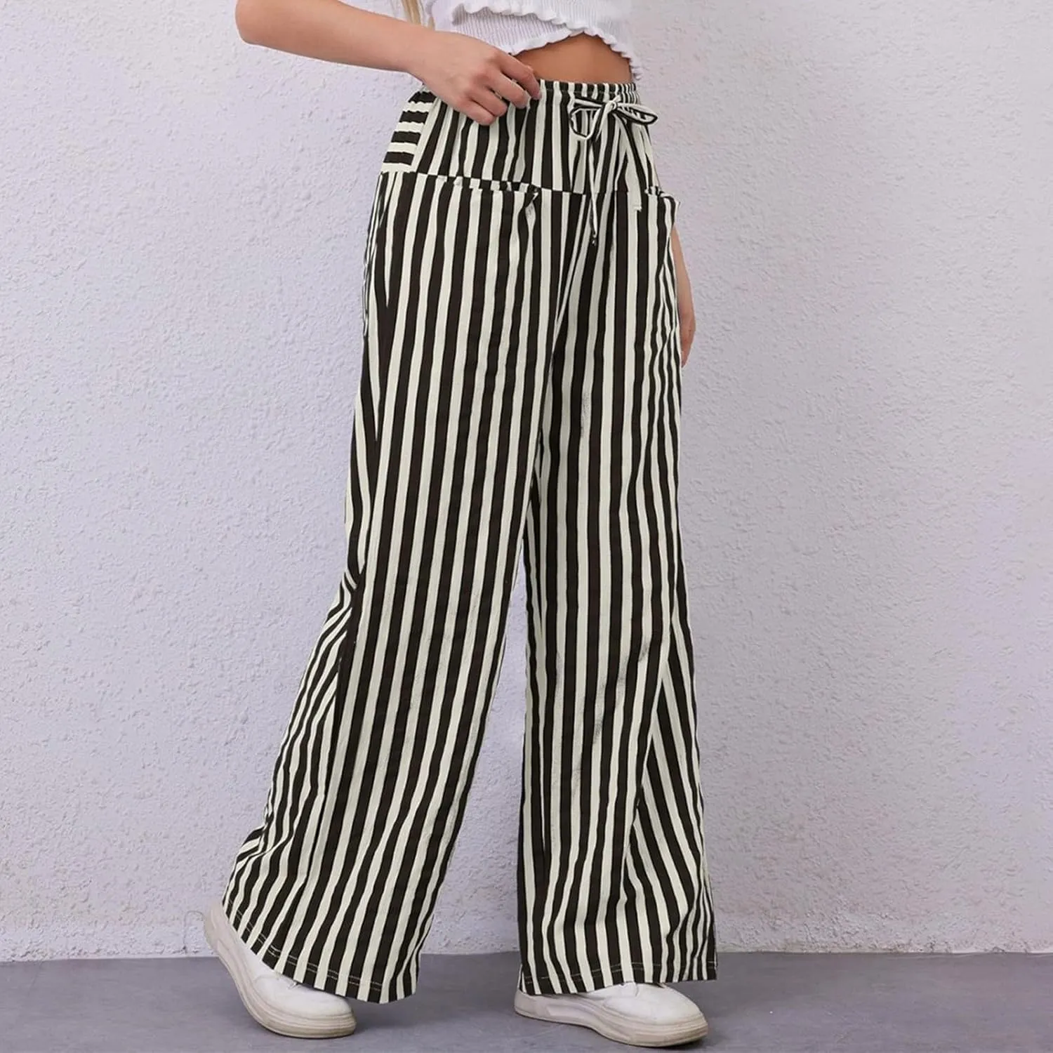 fanmpghleoo Drawstring Striped Pants Women Low Rise Wide Leg Pants Comfy Lounge Pants with Pockets Straight Leg Trousers