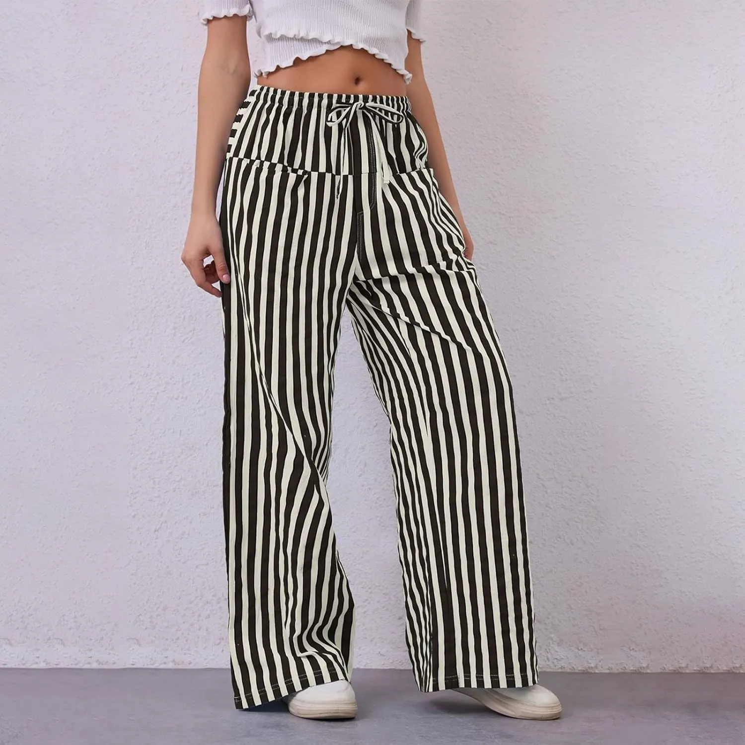 fanmpghleoo Drawstring Striped Pants Women Low Rise Wide Leg Pants Comfy Lounge Pants with Pockets Straight Leg Trousers