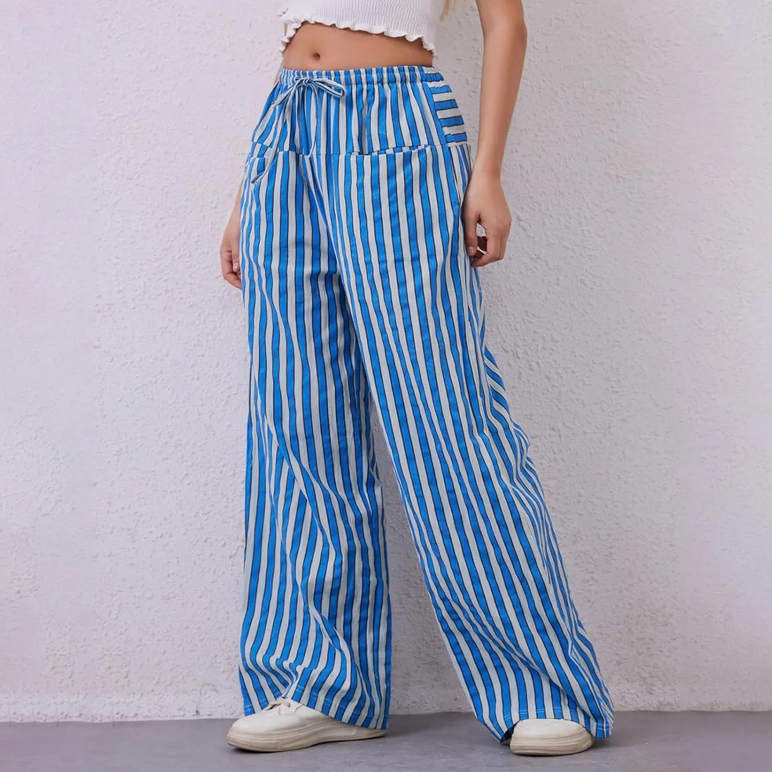 fanmpghleoo Drawstring Striped Pants Women Low Rise Wide Leg Pants Comfy Lounge Pants with Pockets Straight Leg Trousers