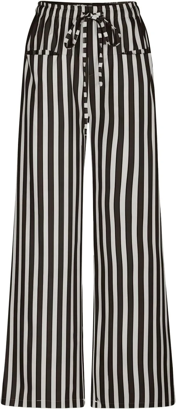 fanmpghleoo Drawstring Striped Pants Women Low Rise Wide Leg Pants Comfy Lounge Pants with Pockets Straight Leg Trousers