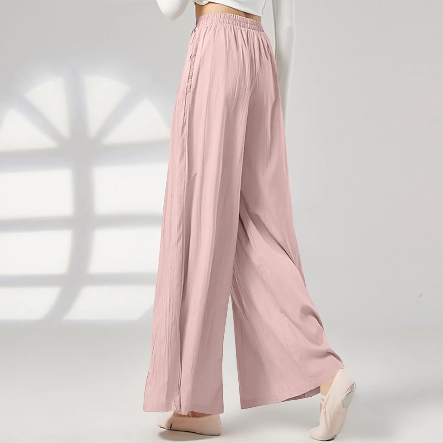 fanmpghleoo Linen Pants Women Baggy Wide Leg Culottes for Women Lightweight Flowy Dance Pants Comfy Lounge Pants with Pockets