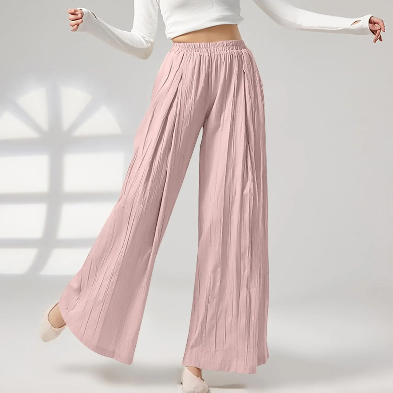 fanmpghleoo Linen Pants Women Baggy Wide Leg Culottes for Women Lightweight Flowy Dance Pants Comfy Lounge Pants with Pockets