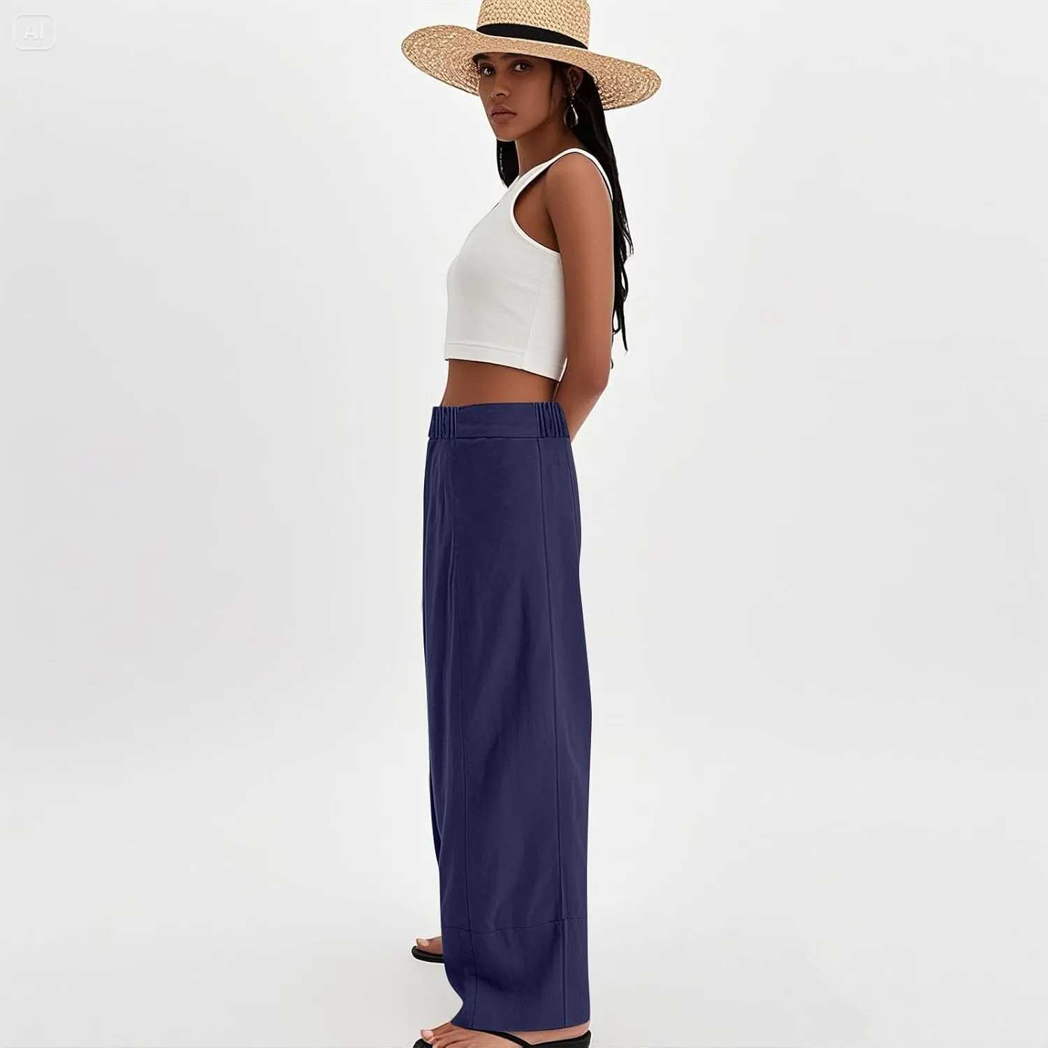 fanmpghleoo Linen Pants Women Summer Wide Leg Casual Palazzo Beach Pants Loose Lounge Linen Trousers with Pockets