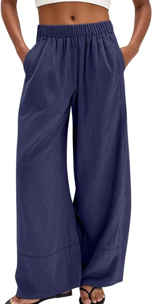 fanmpghleoo Linen Pants Women Summer Wide Leg Casual Palazzo Beach Pants Loose Lounge Linen Trousers with Pockets