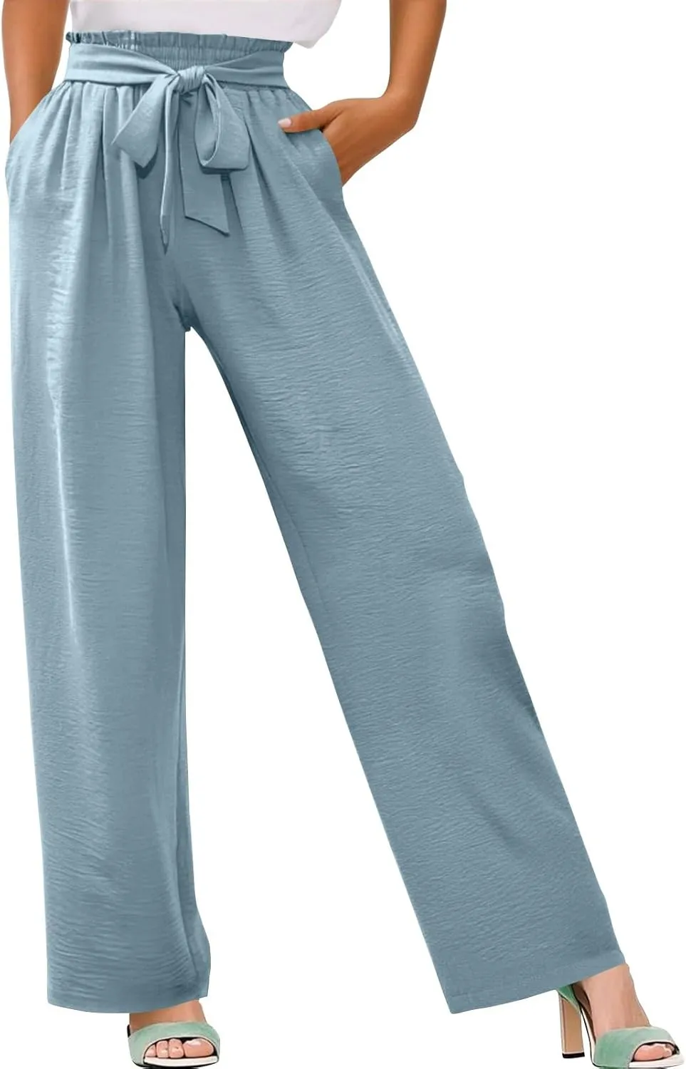 fanmpghleoo Wide Leg Linen Pants for Women Plus Size High Waisted Palazzo Pants Dressy Beach Comfy Lounge Pants with Pockets