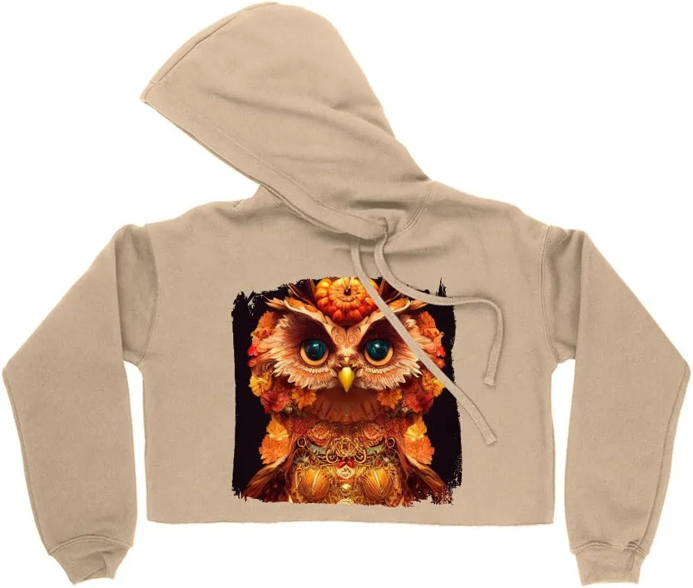 Fantasy Mythical Owls Women's Cropped Fleece Hoodie - Animal Print Cropped Hoodie for Women - Printed Hooded Sweatshirt