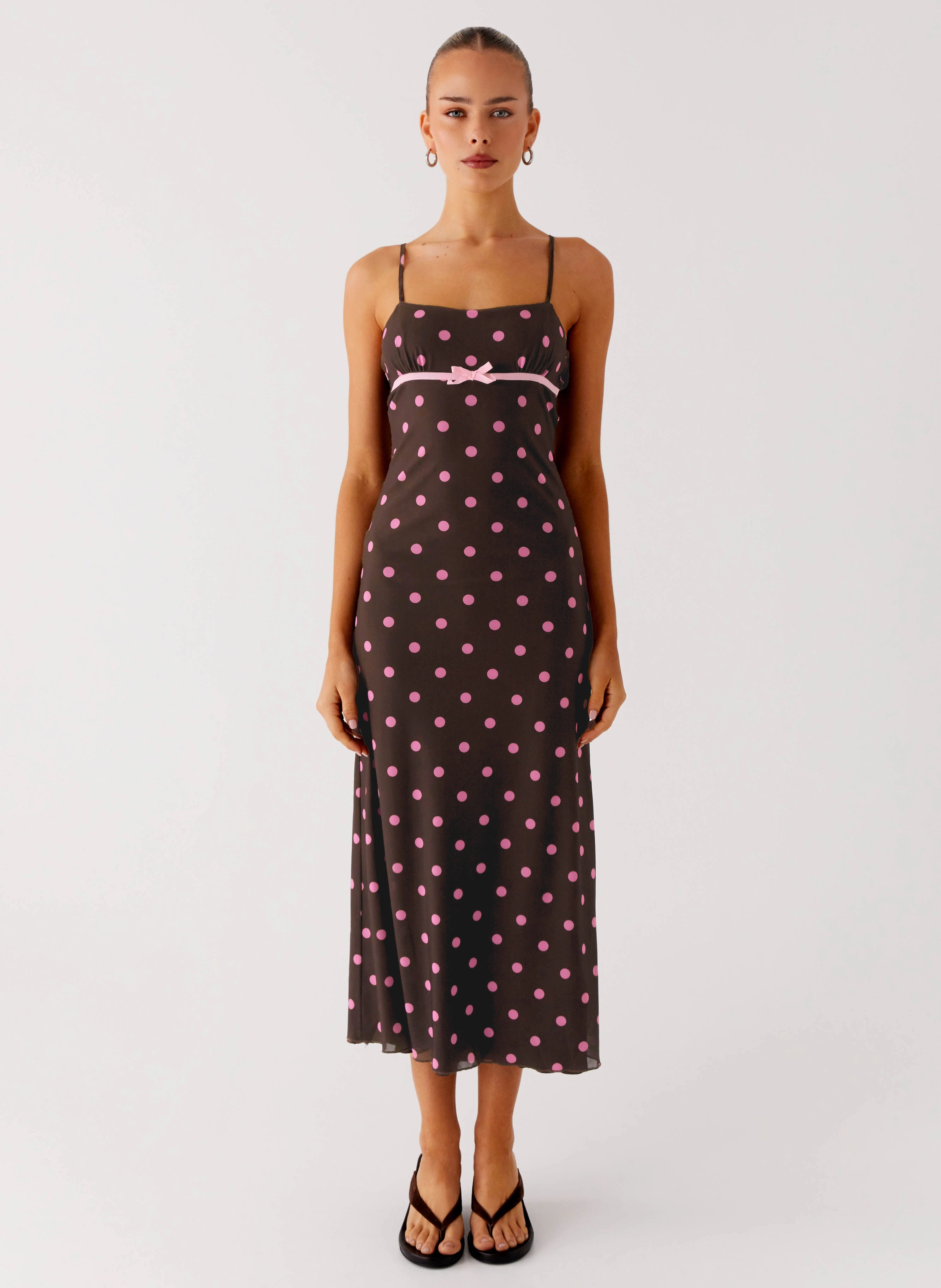 Comfy and Relaxed Latto Midi Dress - Chocolate Strawberry Dot