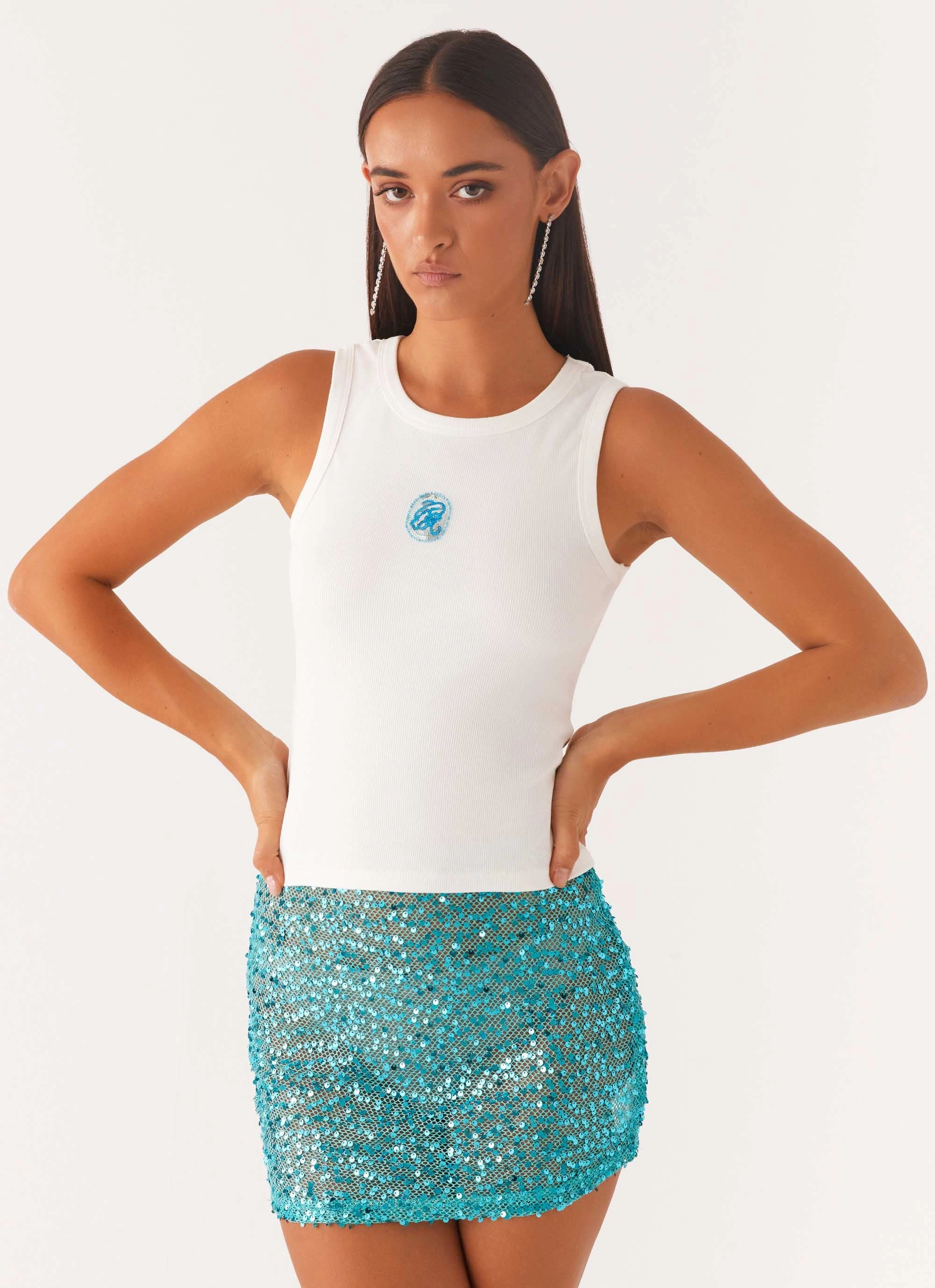 Signature Beaded Logo Tank - White High Thread Count Cotton