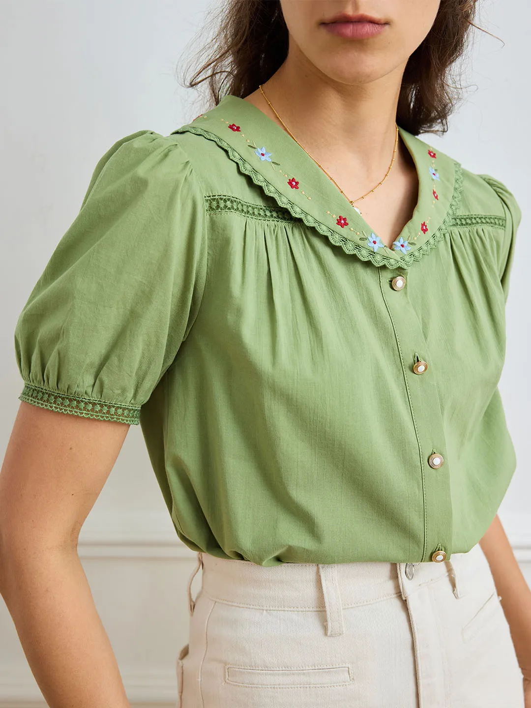 Professional Cut ??Final Sale??Angelique Embroidered Lapel Puff Sleeve Cotton Shirt