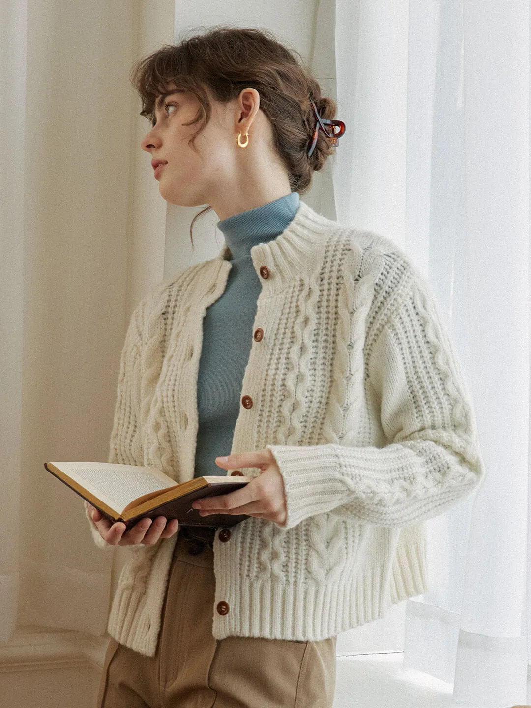 Raina Cable White Irish Knit Cardigan FoldableFeature RibbedTexture