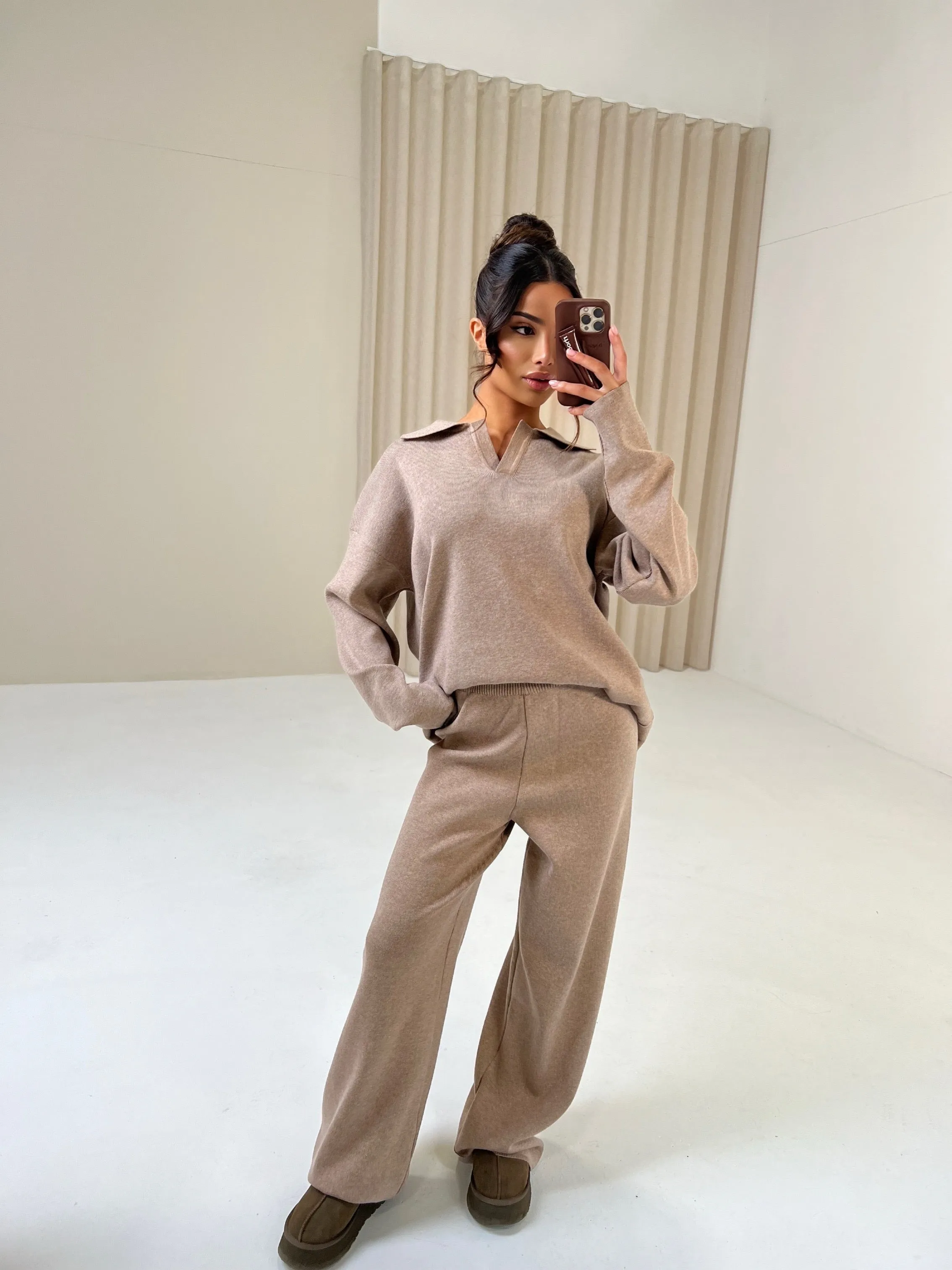 FAWN Knitted Long Sleeved V Collar Jumper & Flared Trouser Lounge Set In Fudge