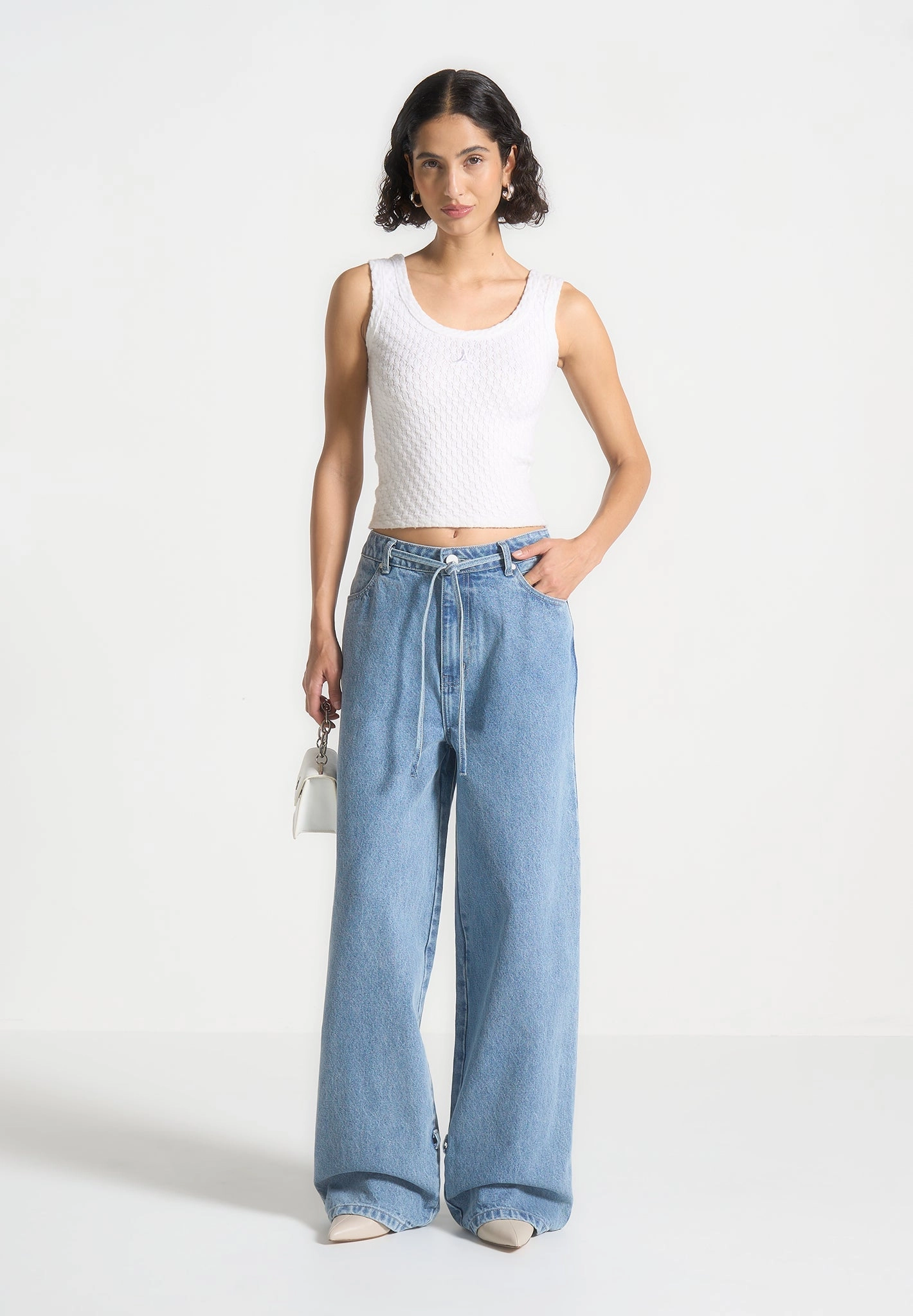 Street Fashion Breathable Night Out Neutral Textured Faye - Wide Mid Rise Jeans with Tie Waist - Mid Blue