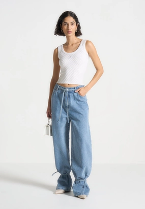 Faye - Wide Mid Rise Jeans with Tie Waist - Mid Blue Easy Fit Design