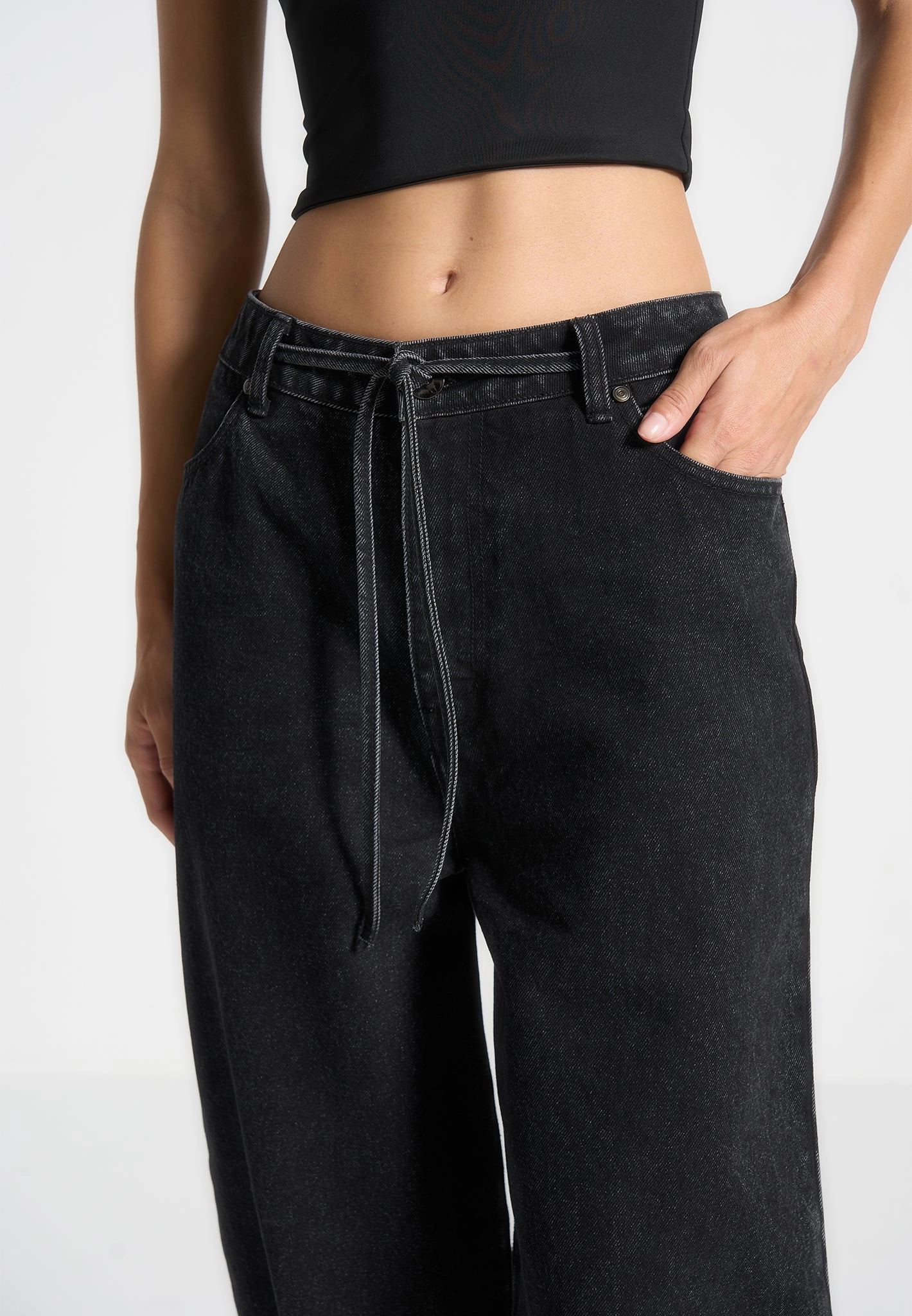 Road Trip Affordable Faye - Wide Mid Rise Jeans with Tie Waist - Washed Black