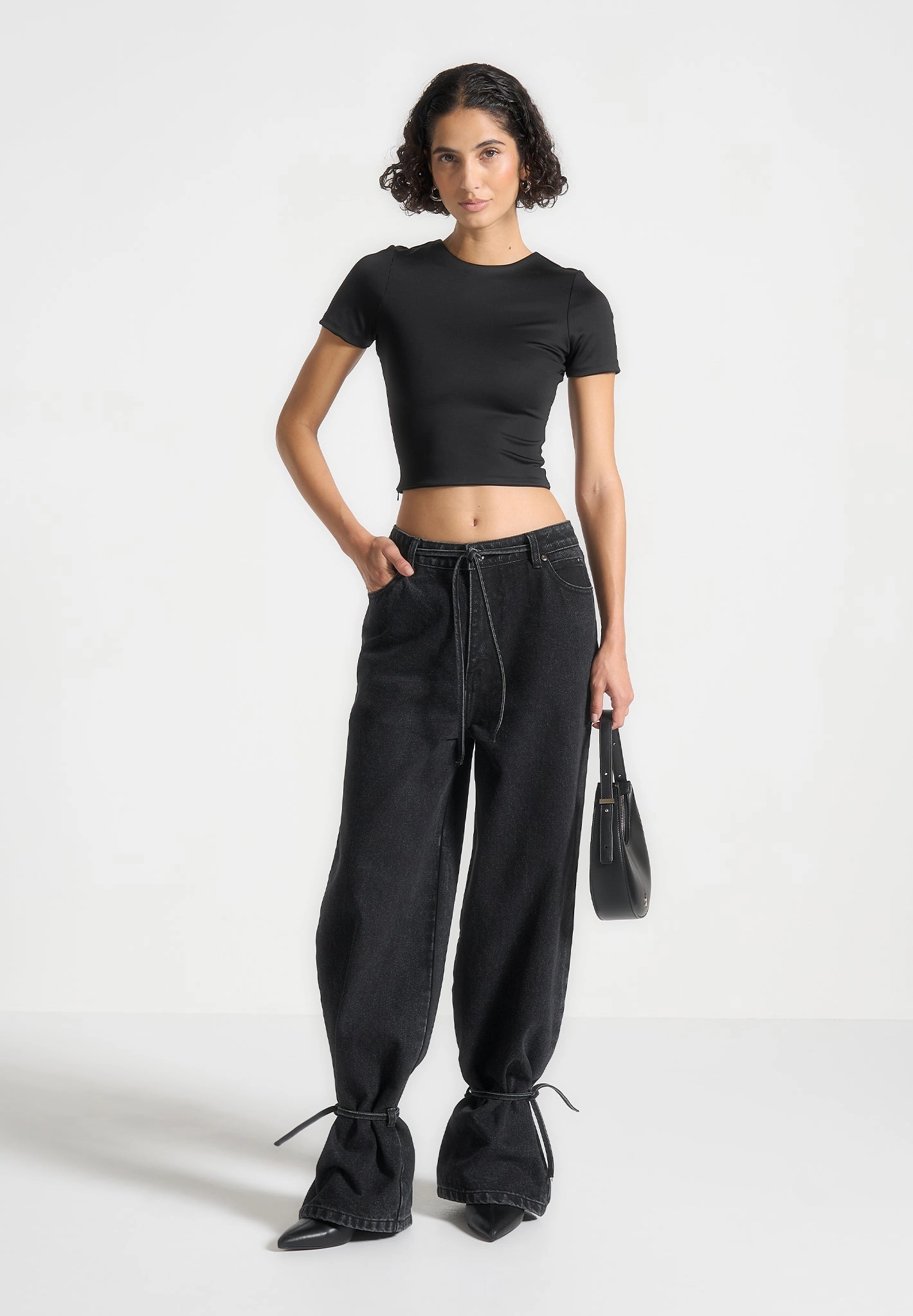 Comfort Stretch Weave Faye - Wide Mid Rise Jeans with Tie Waist - Washed Black