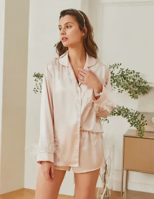 Feather Sleeve Satin Pajamas Set (US Only)