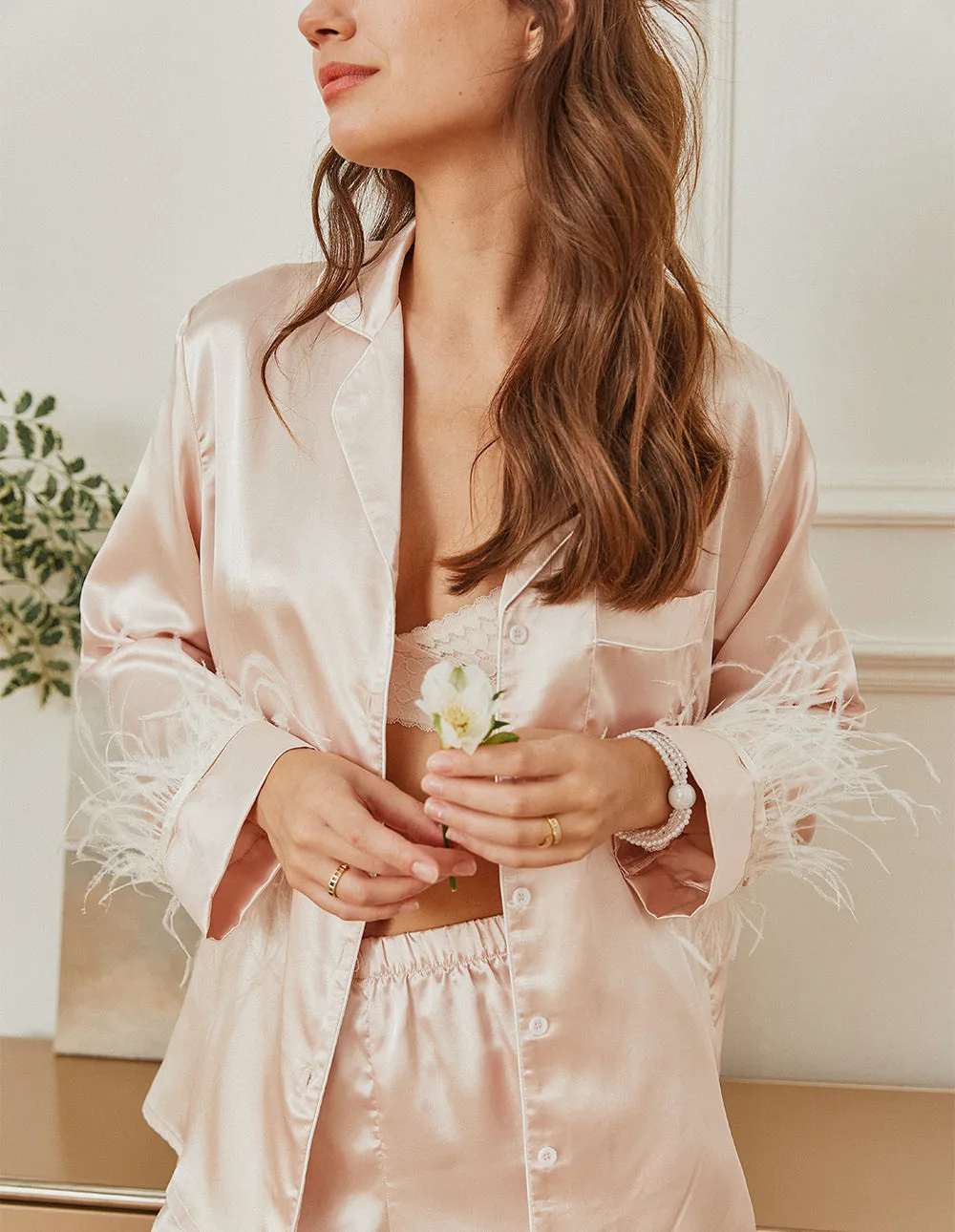 Feather Sleeve Satin Pajamas Set (US Only)