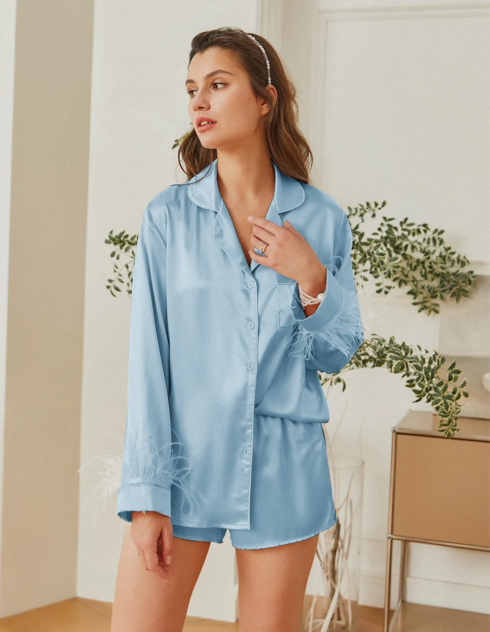 Feather Sleeve Satin Pajamas Set (US Only)