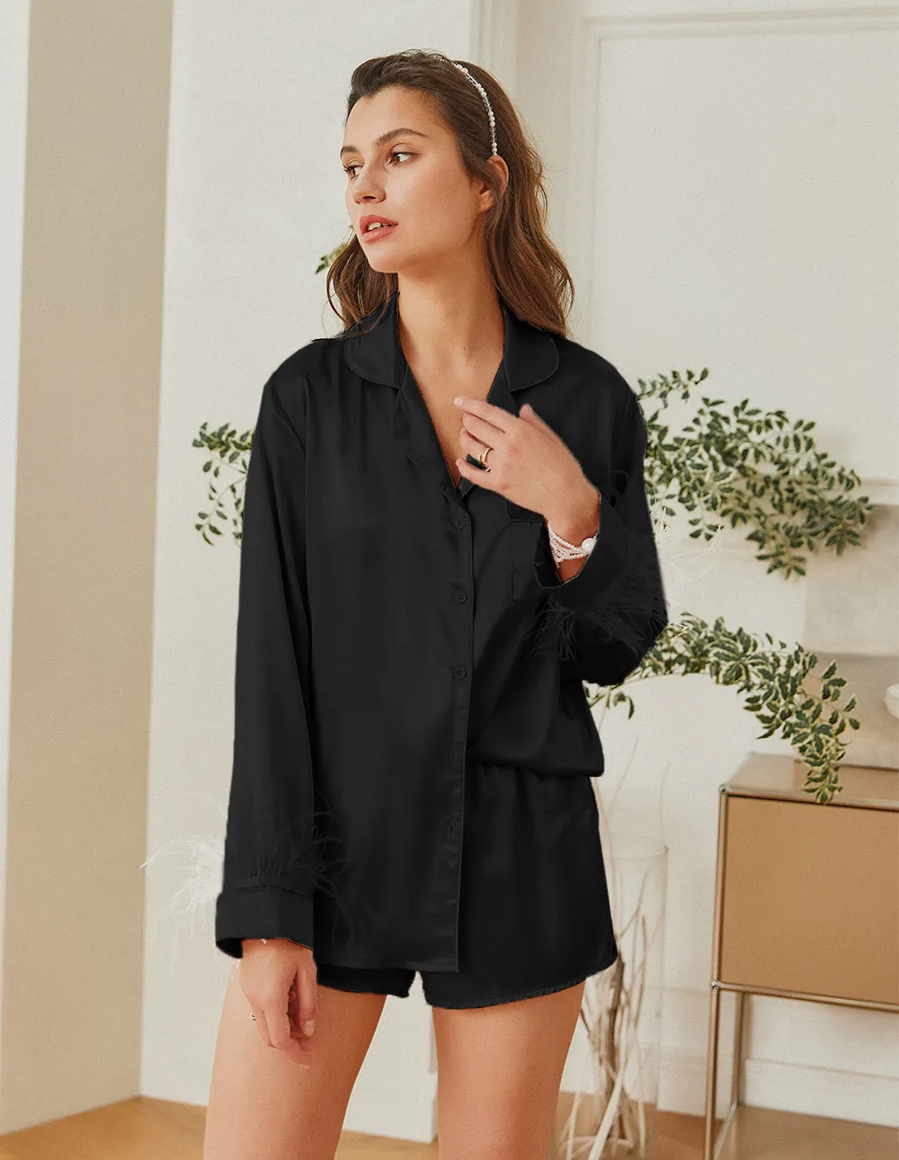 Feather Sleeve Satin Pajamas Set (US Only)