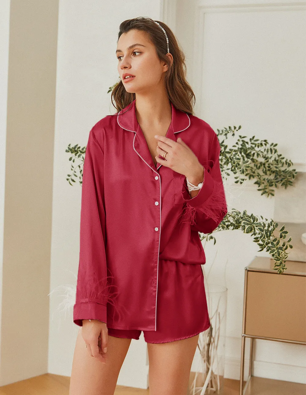 Feather Sleeve Satin Pajamas Set (US Only)