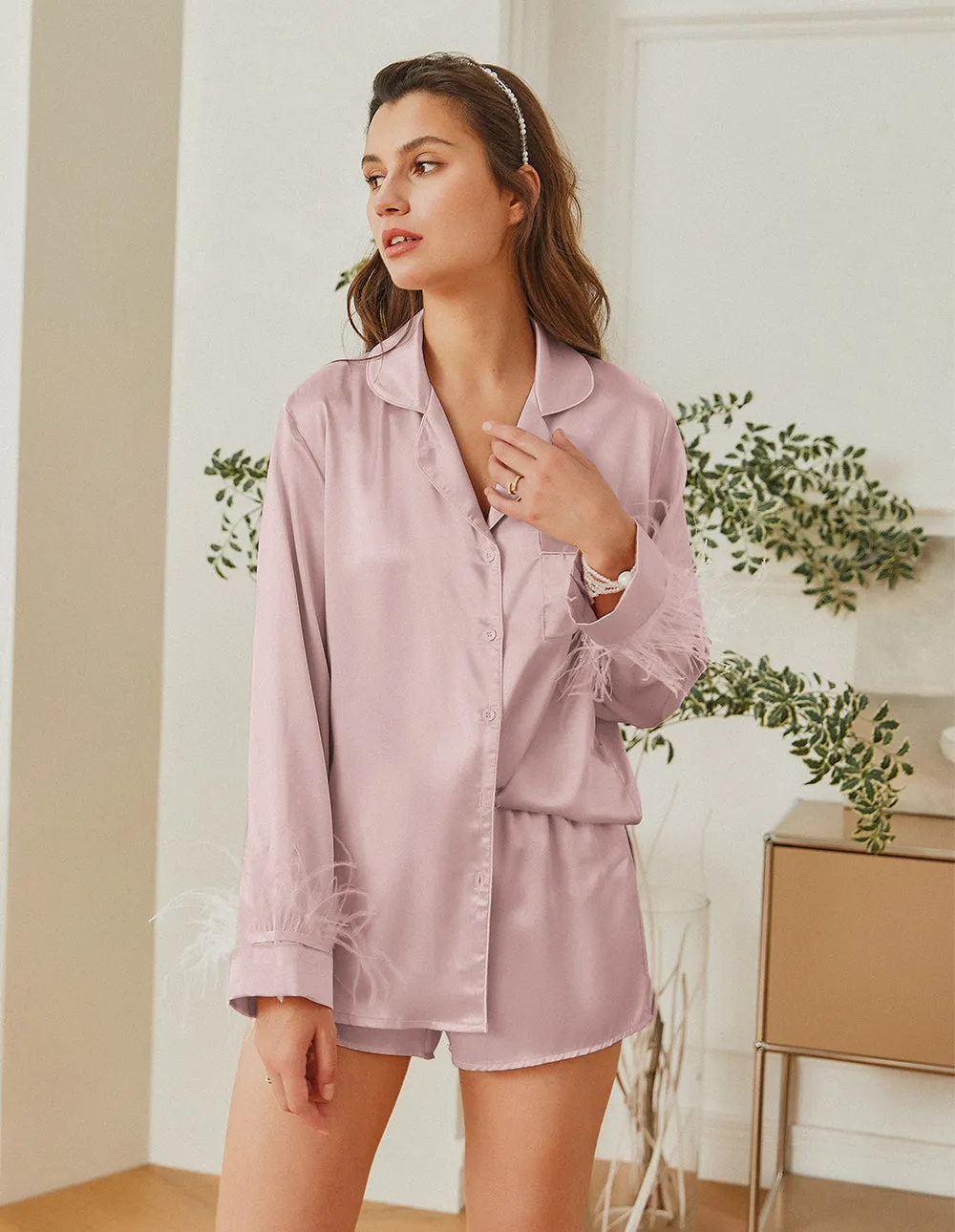 Feather Sleeve Satin Pajamas Set (US Only)