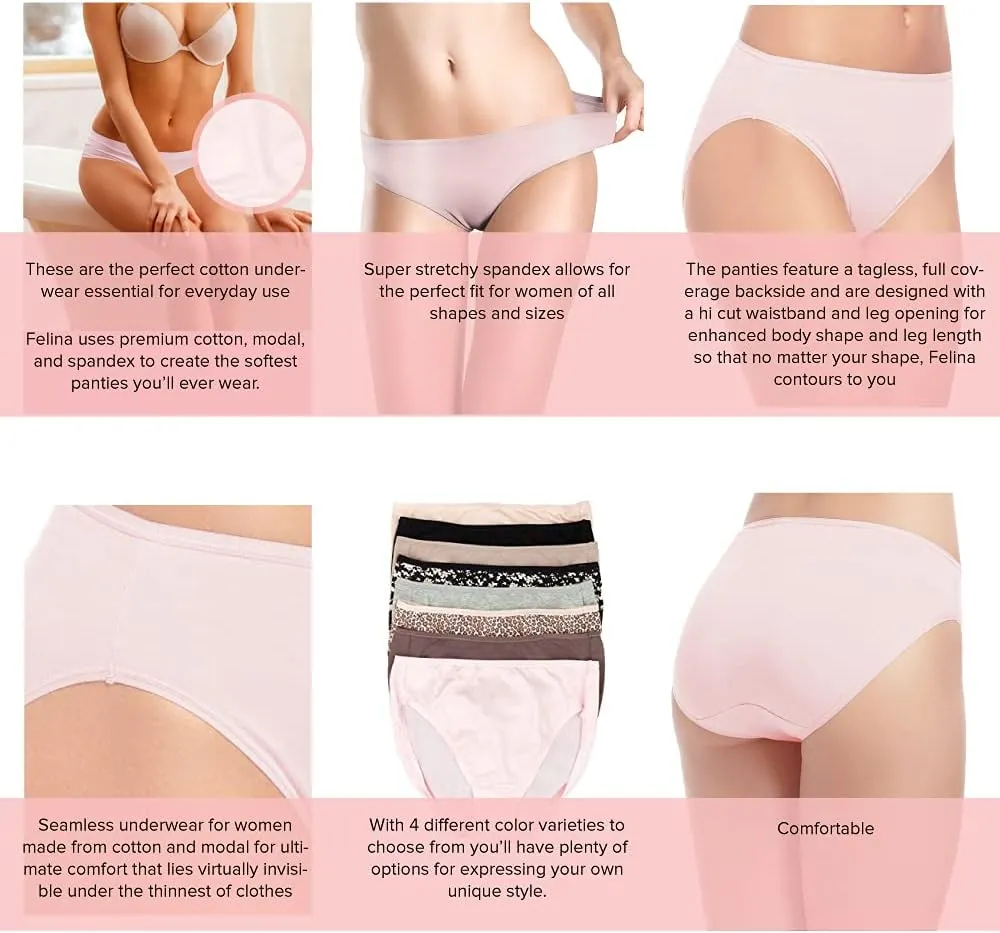 Felina Cotton Modal Hi Cut Panties - Sexy Lingerie Panties for Women - Underwear for Women 8-Pack