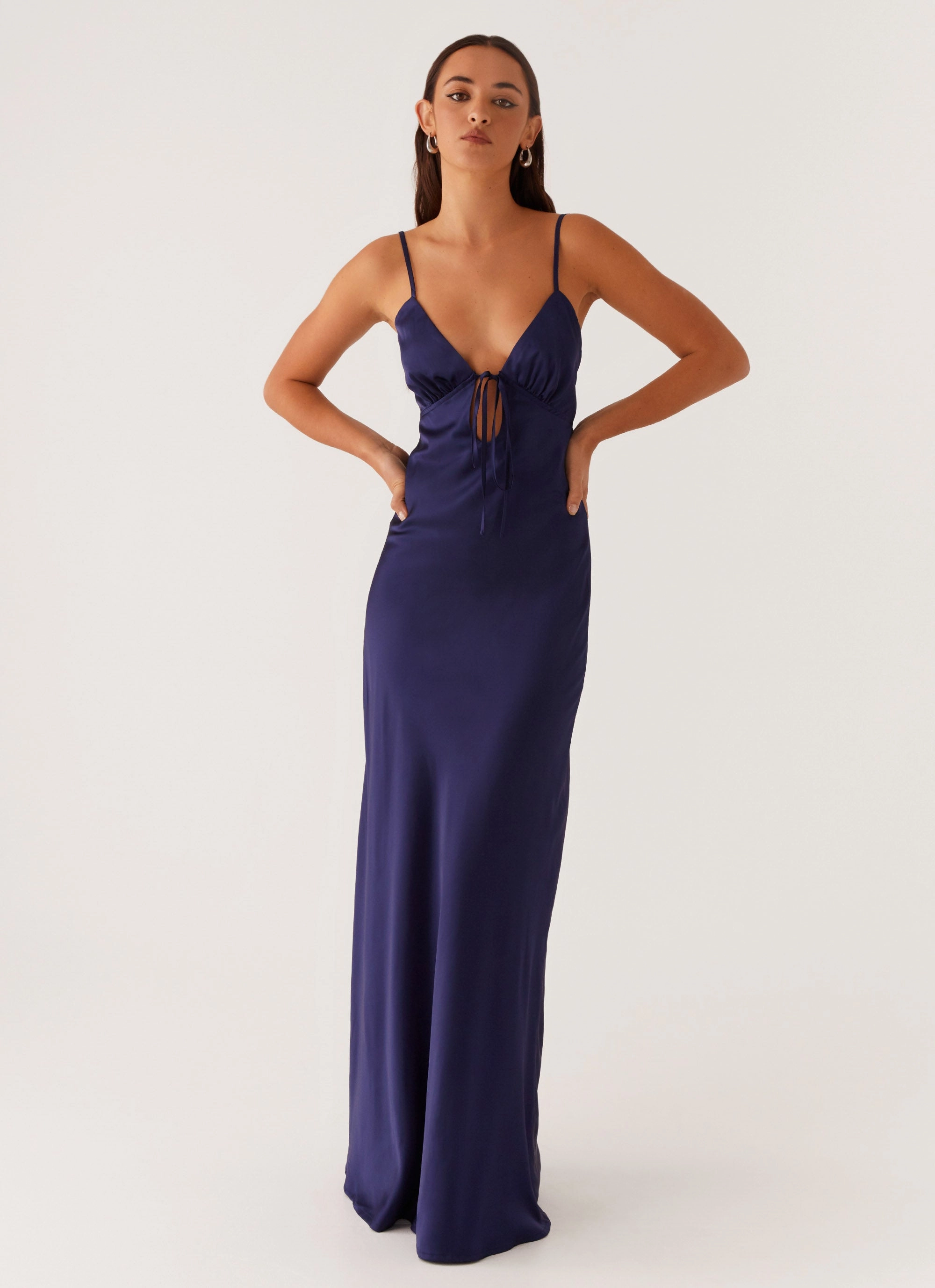 Flora Satin Maxi Dress - Navy Off-Shoulder Bright Mood