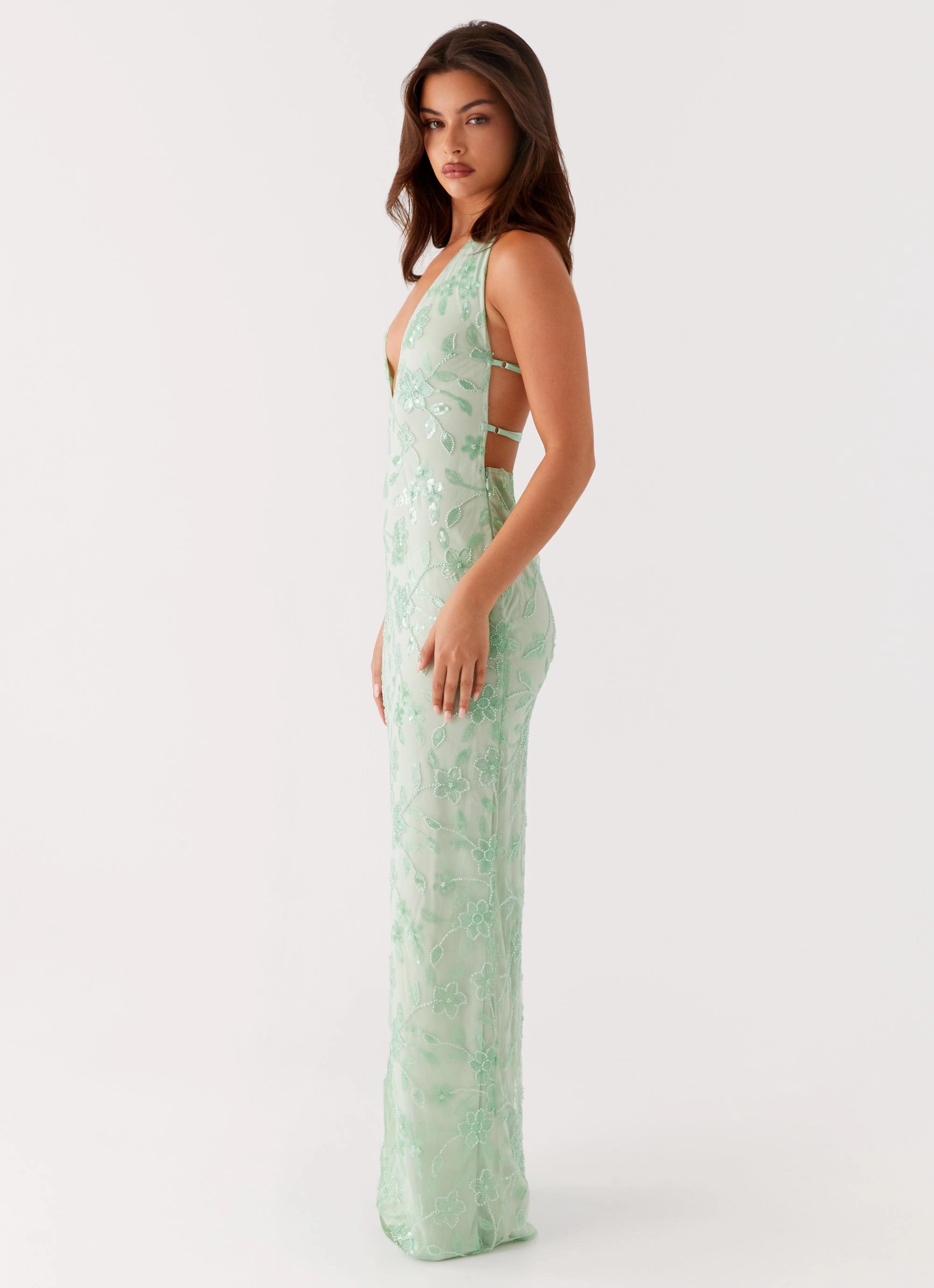 Printed-Fabric Contemporary Waist Cydney Beaded Maxi Dress - Sage