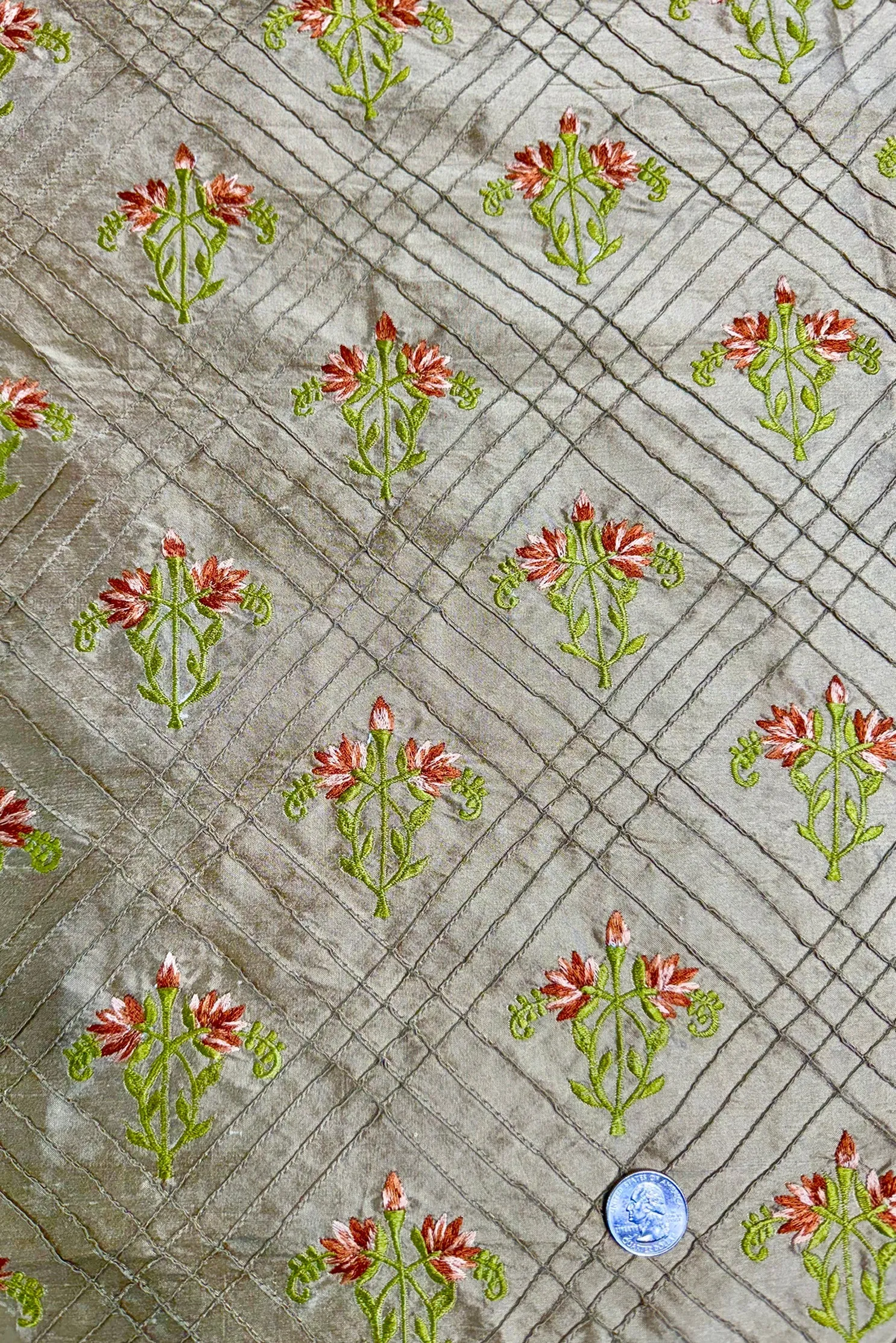Fennel Seed/Multicolor Embroidered Dupioni Silk