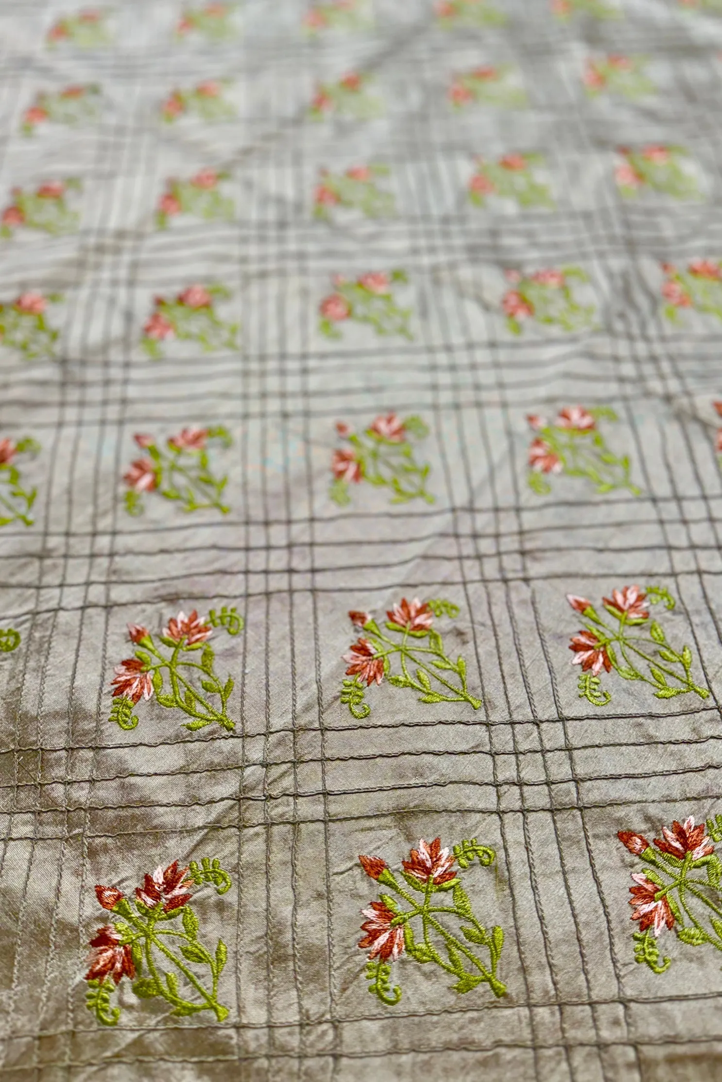 Fennel Seed/Multicolor Embroidered Dupioni Silk
