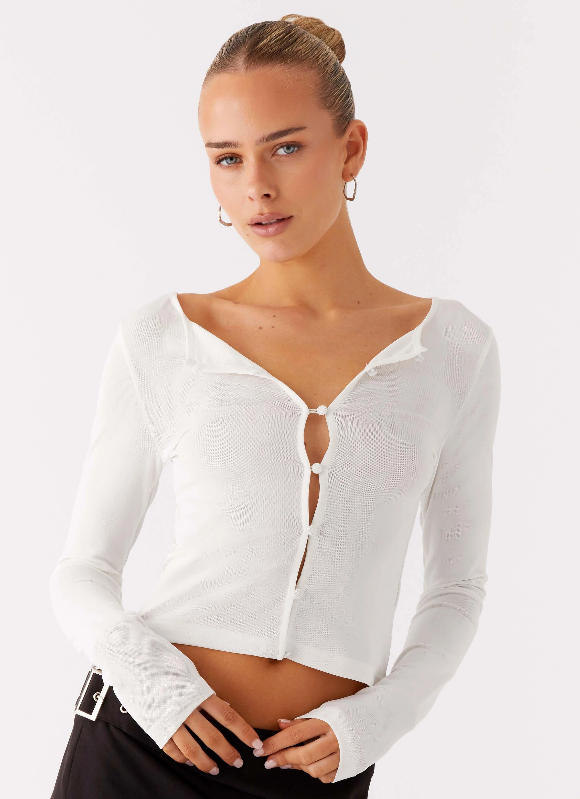 Non Restrictive Mobility Compact Stitching Fifth Ave Mesh Long Sleeve Top - Off White